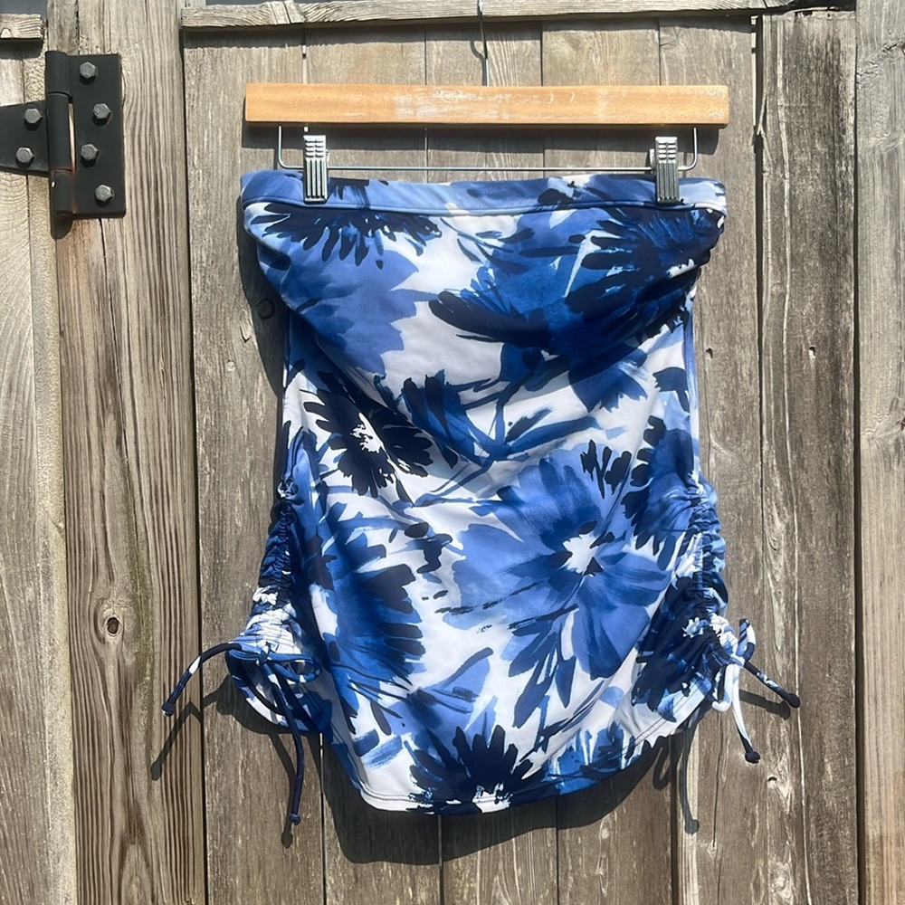 Penbrooke Navy/White Floral Padded Bandeau Tankini Top w/Tie Sides,Size 10,NWOT